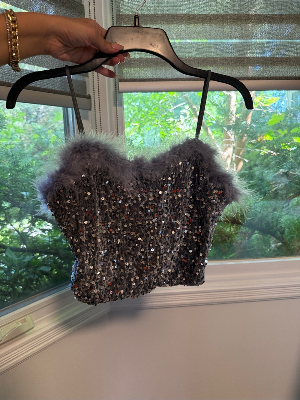 Sequined Gray Feather-Trim Cami Top